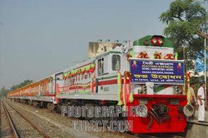 The inaugurated Maitree Express waits to set off for Kolkata , at Dhaka Cantonment station , in the morning of Bangla New Year 1415 . It is the first direct train service between India and Bangladesh , in 43 years . Dhaka , Bangladesh . April 14 , 2008 .